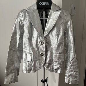 100% Genuine Leather Metallic Silver Women's Blazer